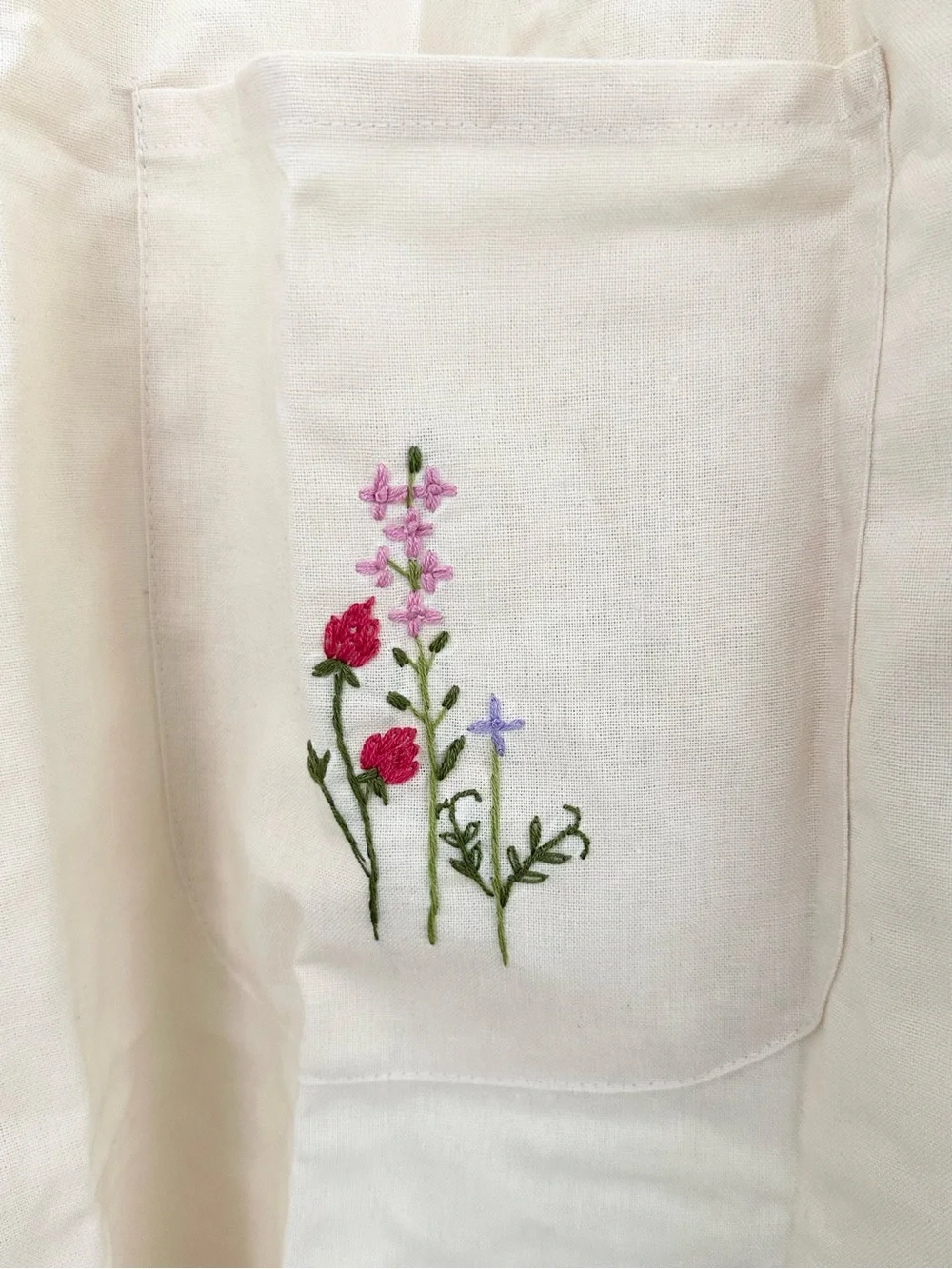 Floral Hand-Embroidered Cream Apron Wildflower Garden / Bee Motif - Gifts